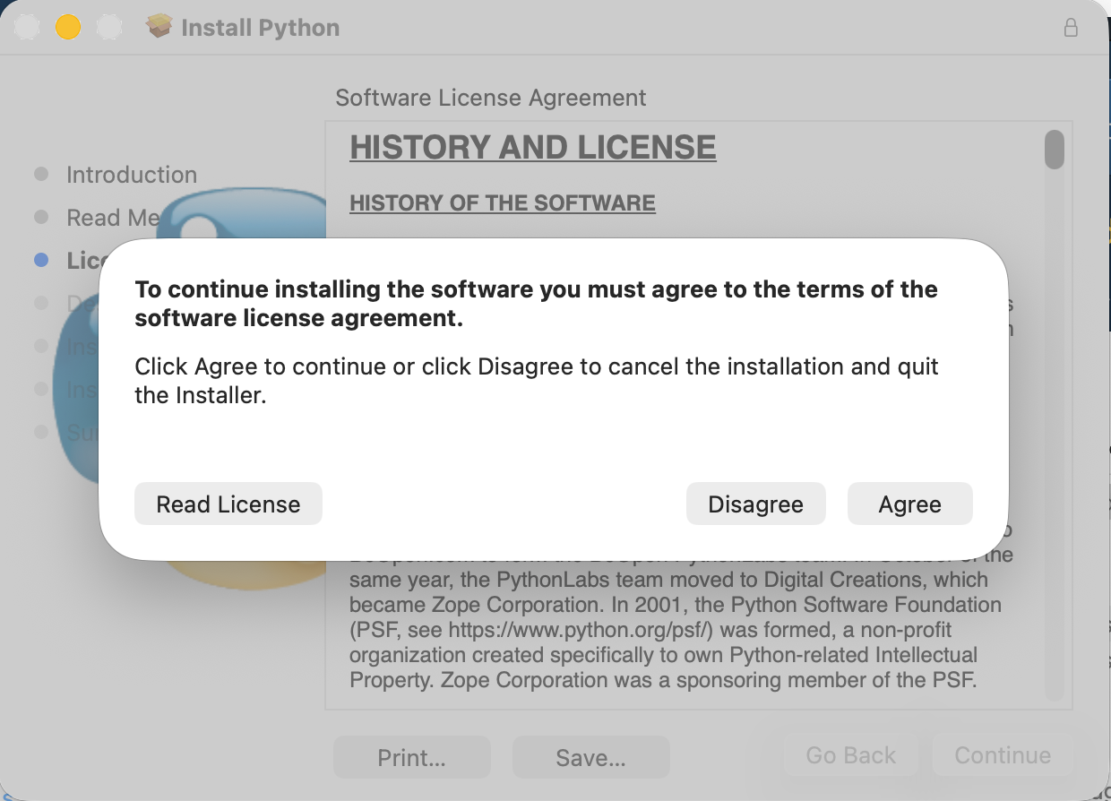 Screenshot of license agreement page