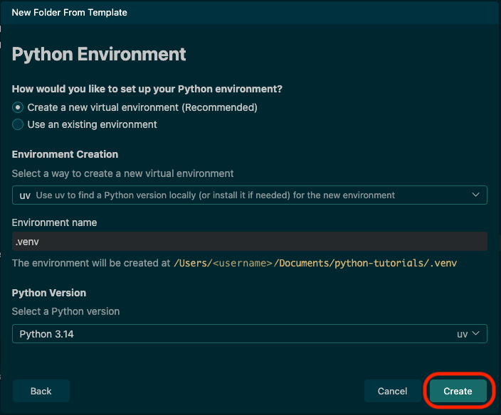 Positron new virtual environment creation