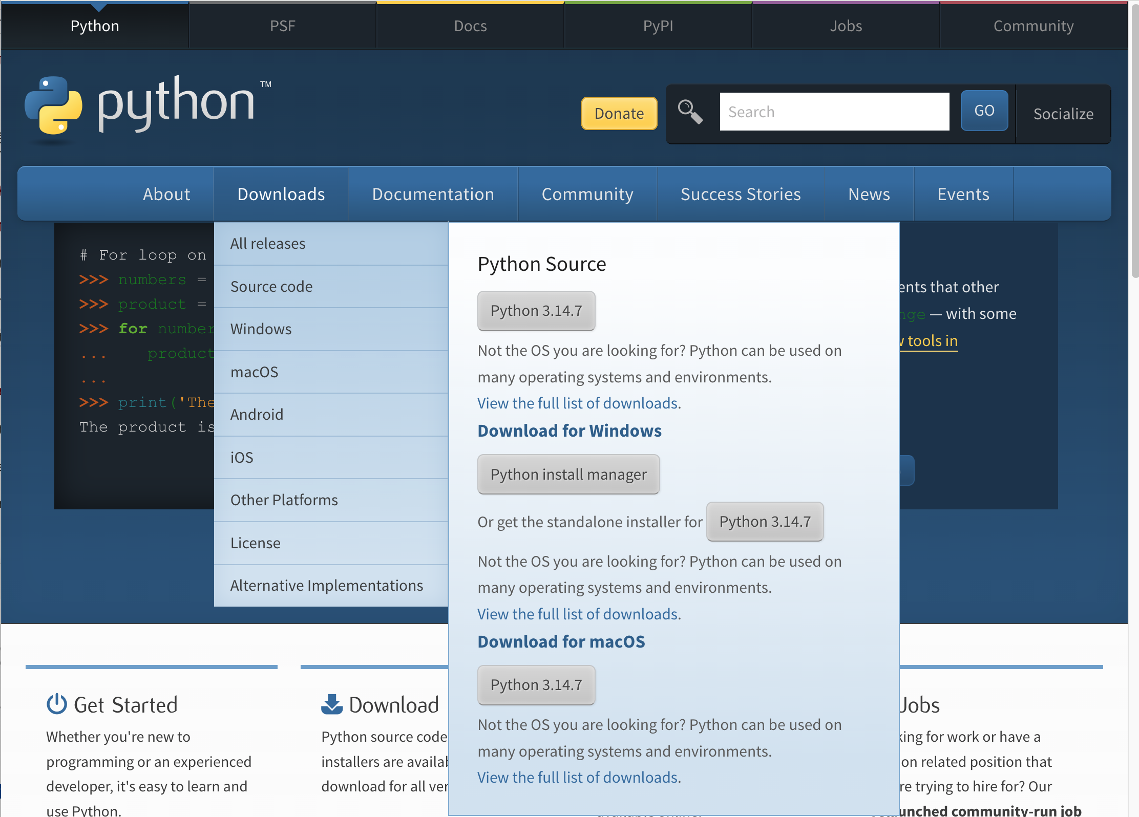 Screenshot of Python.org Downloads tab