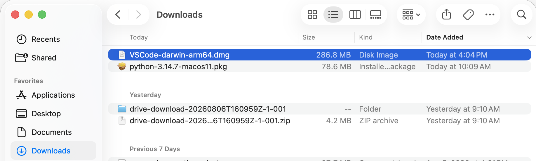 Screenshot of Mac Downloads folder