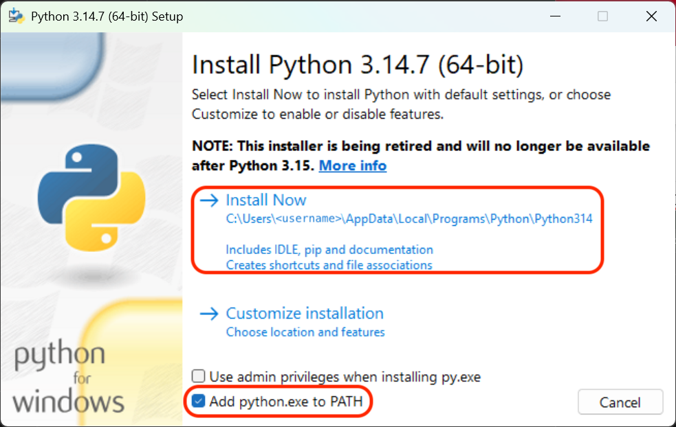 Windows Python installer launch install page