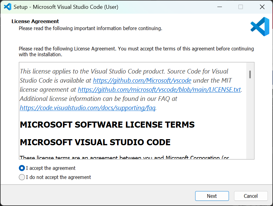 Windows agree to VSCode license